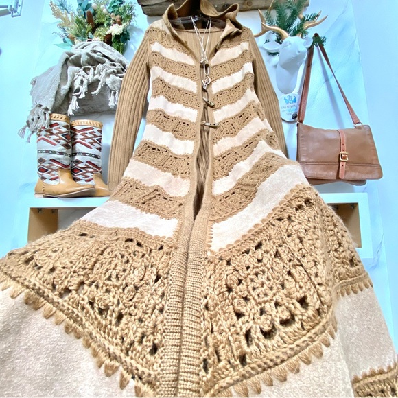 Chevron Suede patchwork/granny square knit combo duster boho cardi jacket - Picture 6 of 16
